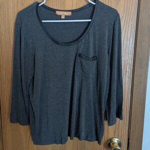 Ellen Tracy 3/4 Sleeves Faux Leather Trim Heather Gray/Black Top-Women's M